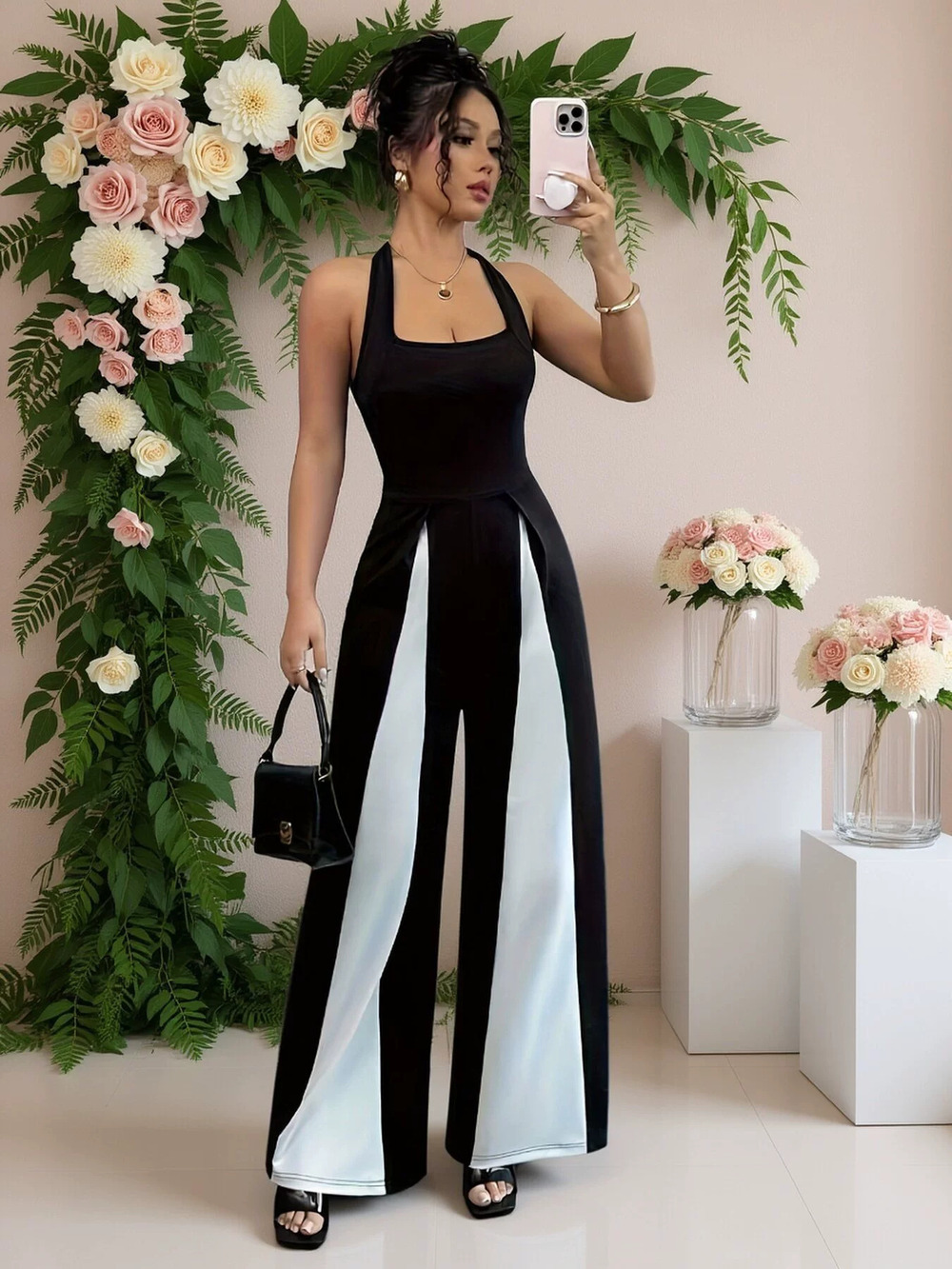 ZARA Black White Halter Neck High Waist Slim Wide Leg Jumpsuit for Women